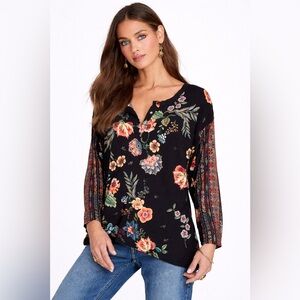 Johnny Was Ardell Long Sleeve Henley Top Blouse Size XS